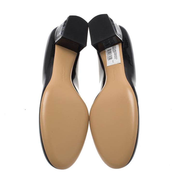 Pre Owned Salvatore Ferragamo Black Patent Ninfea Lucite Block Heel Pumps Size 40.5