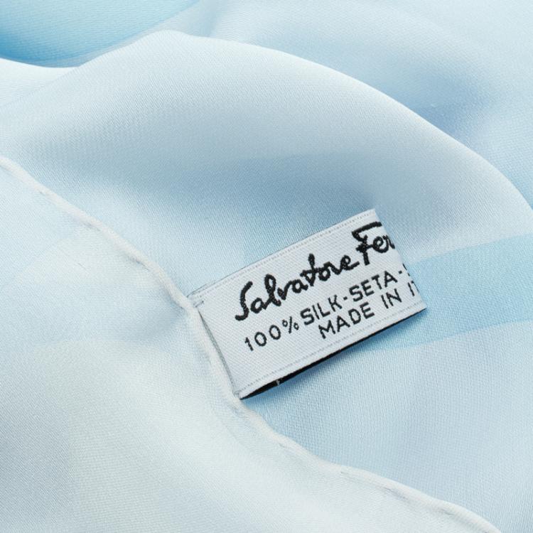 Pre Owned Salvatore Ferragamo Pale Blue Printed Silk Scarf