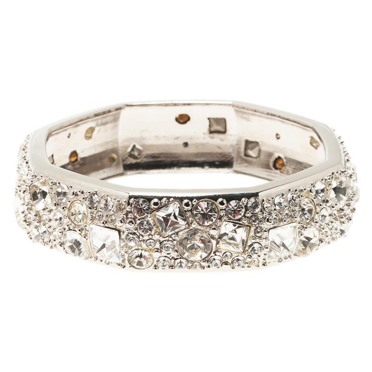 Pre Owned Salvatore Ferragamo Wide Crystal Silver Tone Bangle Bracelet