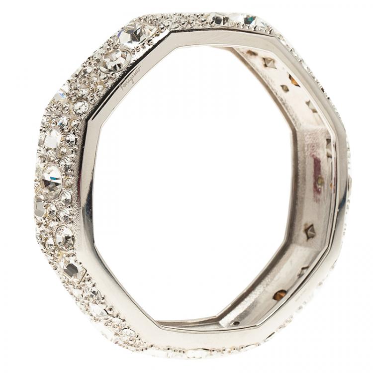 Pre Owned Salvatore Ferragamo Wide Crystal Silver Tone Bangle Bracelet