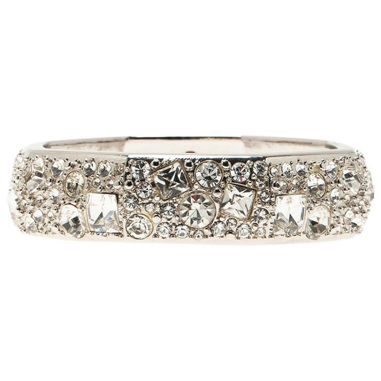 Pre Owned Salvatore Ferragamo Wide Crystal Silver Tone Bangle Bracelet