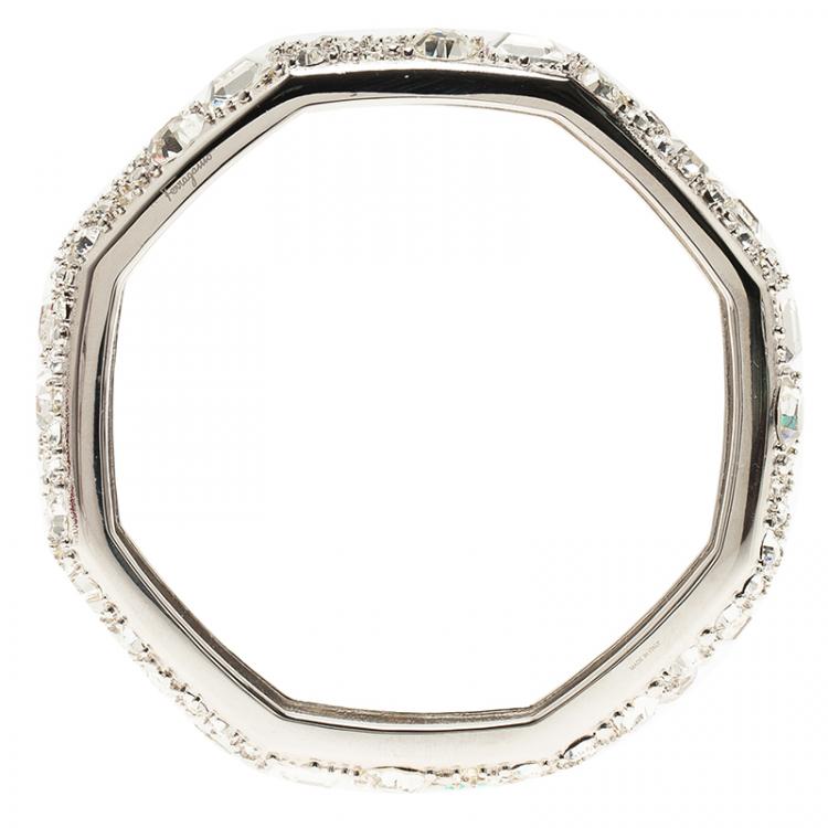 Pre Owned Salvatore Ferragamo Wide Crystal Silver Tone Bangle Bracelet