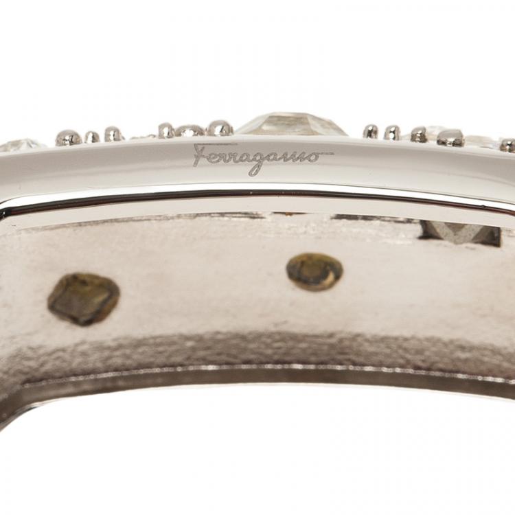 Pre Owned Salvatore Ferragamo Wide Crystal Silver Tone Bangle Bracelet