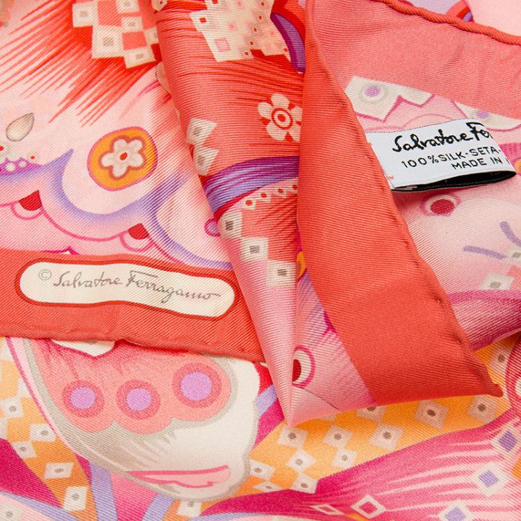 Pre Owned Salvatore Ferragamo Pink Butterfly Print Square Silk Scarf