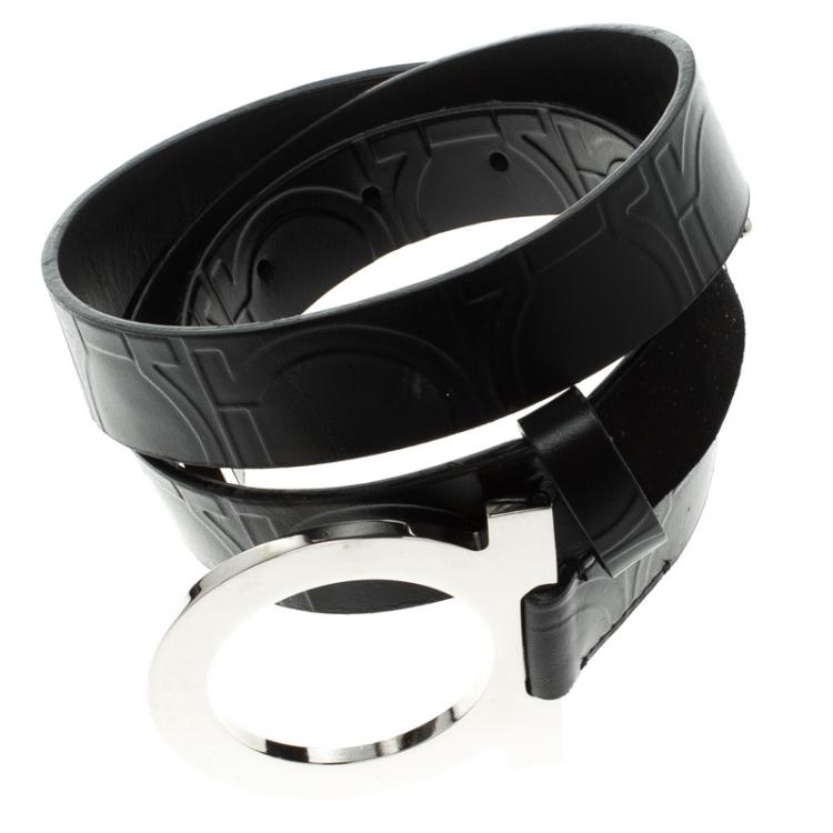 Pre Owned Salvatore Ferragamo Black Leather and Suede Logo Buckle Belt 80 CM