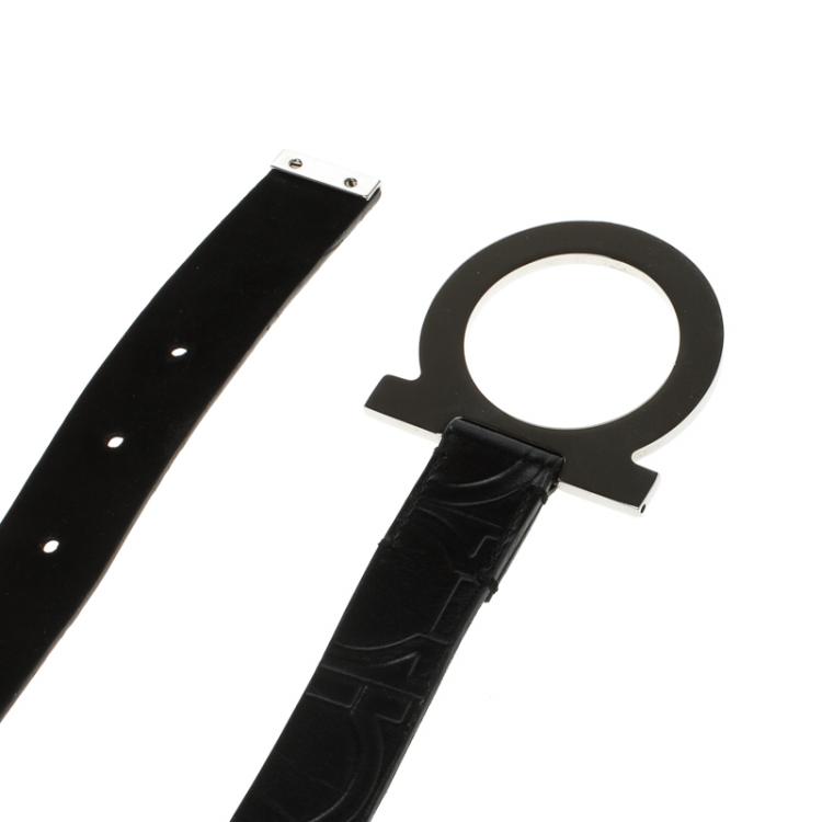 Pre Owned Salvatore Ferragamo Black Leather and Suede Logo Buckle Belt 80 CM