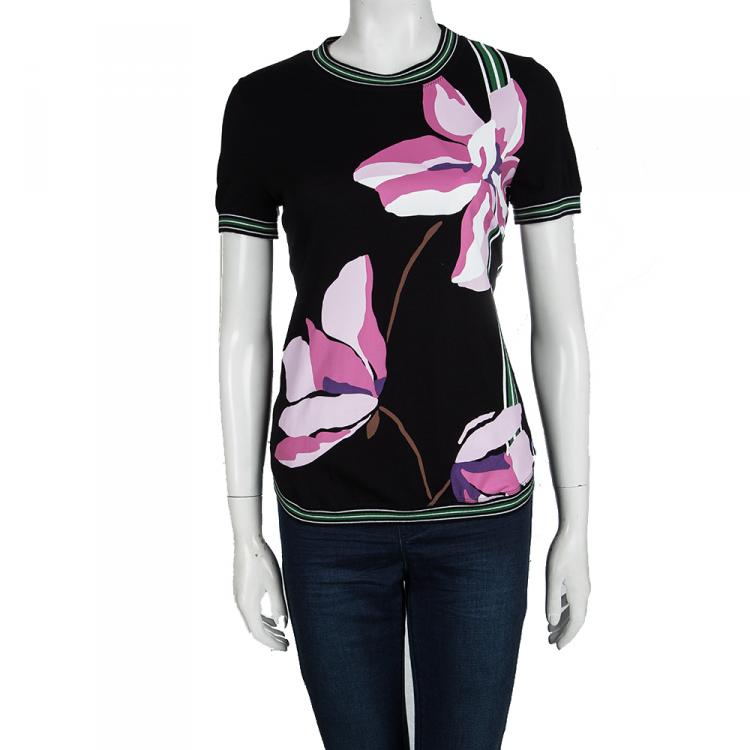 Pre Owned Salvatore Ferragamo Black Cotton Floral Printed Contrast Trim Short Sleeve Top S
