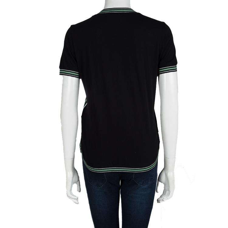 Pre Owned Salvatore Ferragamo Black Cotton Floral Printed Contrast Trim Short Sleeve Top S