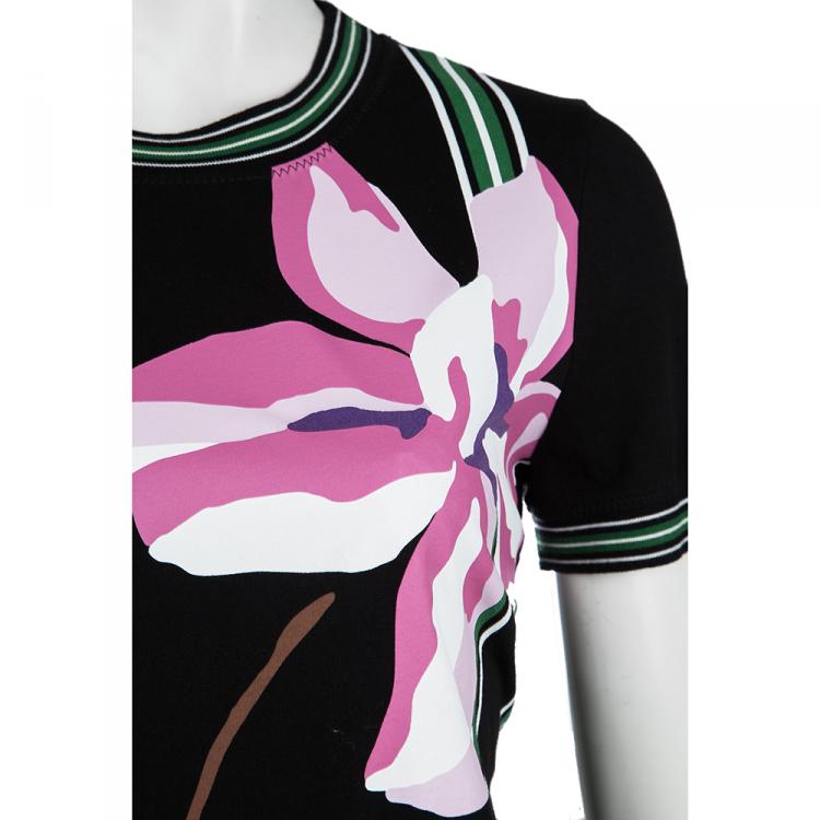 Pre Owned Salvatore Ferragamo Black Cotton Floral Printed Contrast Trim Short Sleeve Top S