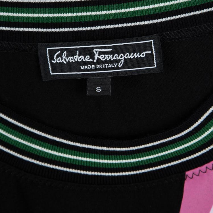 Pre Owned Salvatore Ferragamo Black Cotton Floral Printed Contrast Trim Short Sleeve Top S