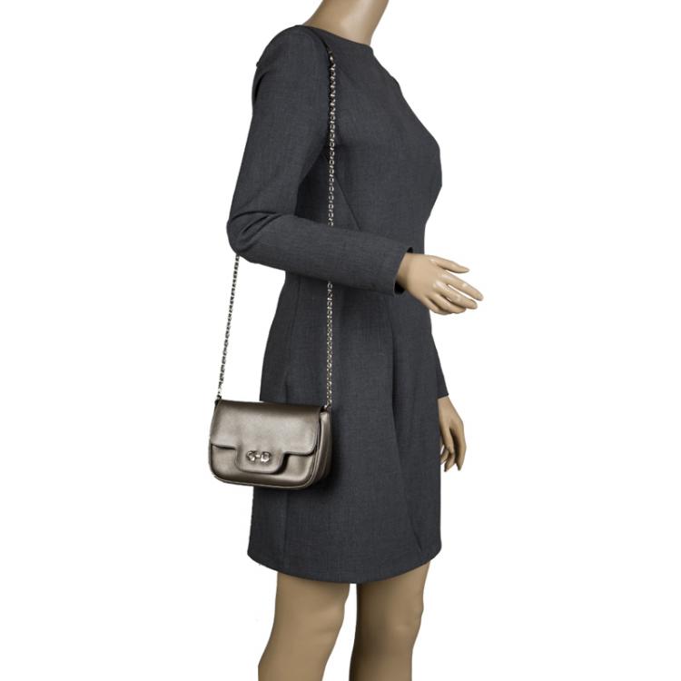 Pre Owned Salvatore Ferragamo Metallic Grey Fancy Leather Chain Shoulder Bag