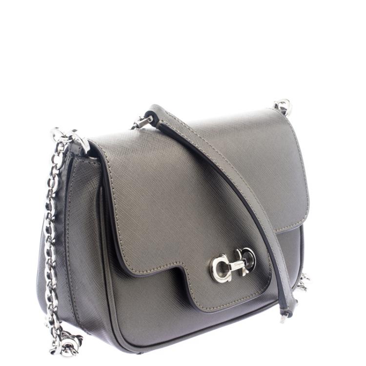 Pre Owned Salvatore Ferragamo Metallic Grey Fancy Leather Chain Shoulder Bag