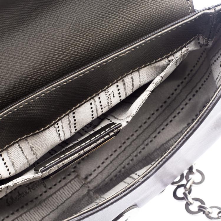 Pre Owned Salvatore Ferragamo Metallic Grey Fancy Leather Chain Shoulder Bag