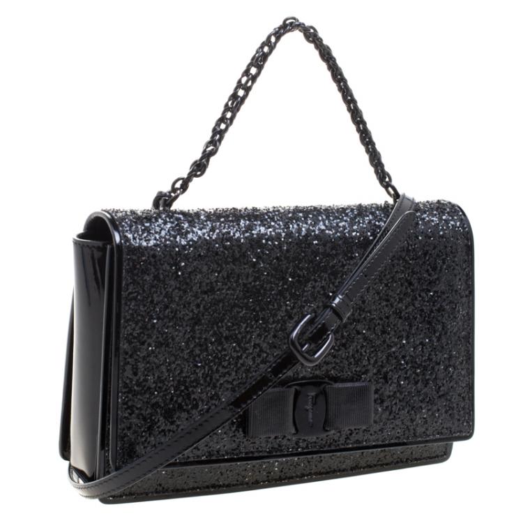 Pre Owned Salvatore Ferragamo Black Glitter Ginny Shoulder Bag