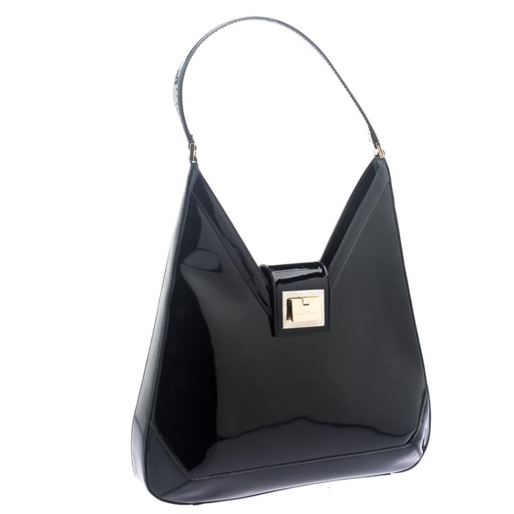 Pre Owned Salvatore Ferragamo Black Patent Leather Shoulder Bag