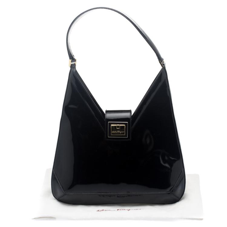 Pre Owned Salvatore Ferragamo Black Patent Leather Shoulder Bag