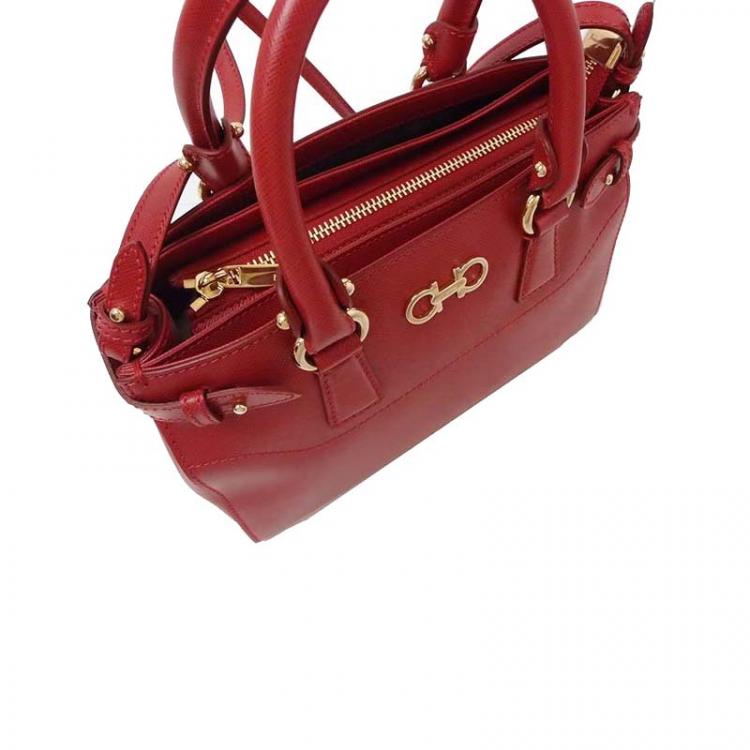 Pre Owned Salvatore Ferragamo Red Saffiano Leather Small Batik Tote