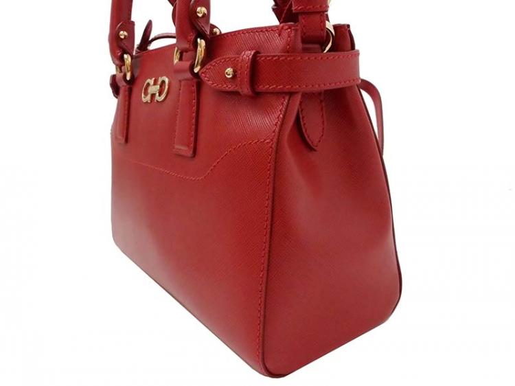 Pre Owned Salvatore Ferragamo Red Saffiano Leather Small Batik Tote