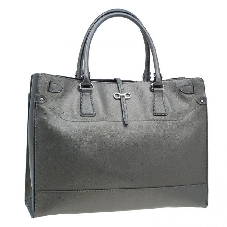 Pre Owned Salvatore Ferragamo Metallic Grey Leather Large Briana Tote