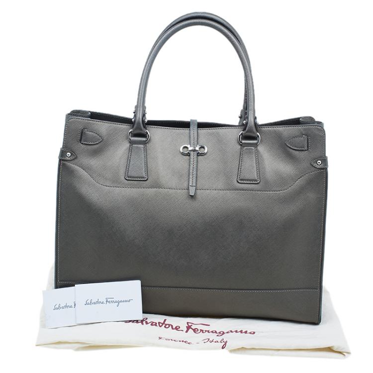 Pre Owned Salvatore Ferragamo Metallic Grey Leather Large Briana Tote
