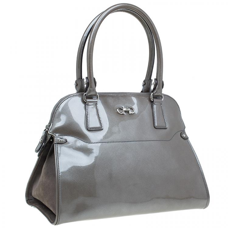 Pre Owned Salvatore Ferragamo Silver Patent Leather Satchel Bag