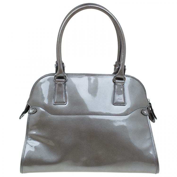 Pre Owned Salvatore Ferragamo Silver Patent Leather Satchel Bag