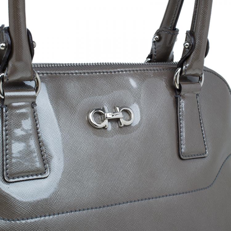 Pre Owned Salvatore Ferragamo Silver Patent Leather Satchel Bag