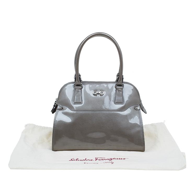 Pre Owned Salvatore Ferragamo Silver Patent Leather Satchel Bag