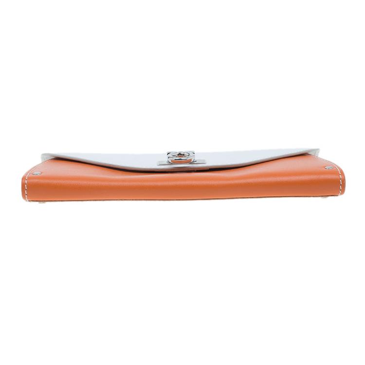 Pre Owned Salvatore Ferragamo Orange and White Leather Gancio Bar Continental Wallet