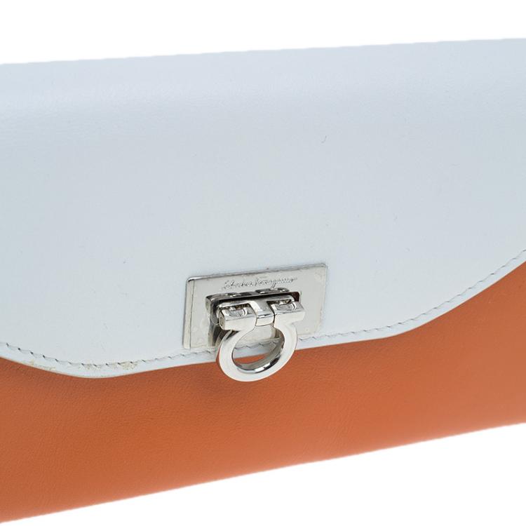 Pre Owned Salvatore Ferragamo Orange and White Leather Gancio Bar Continental Wallet