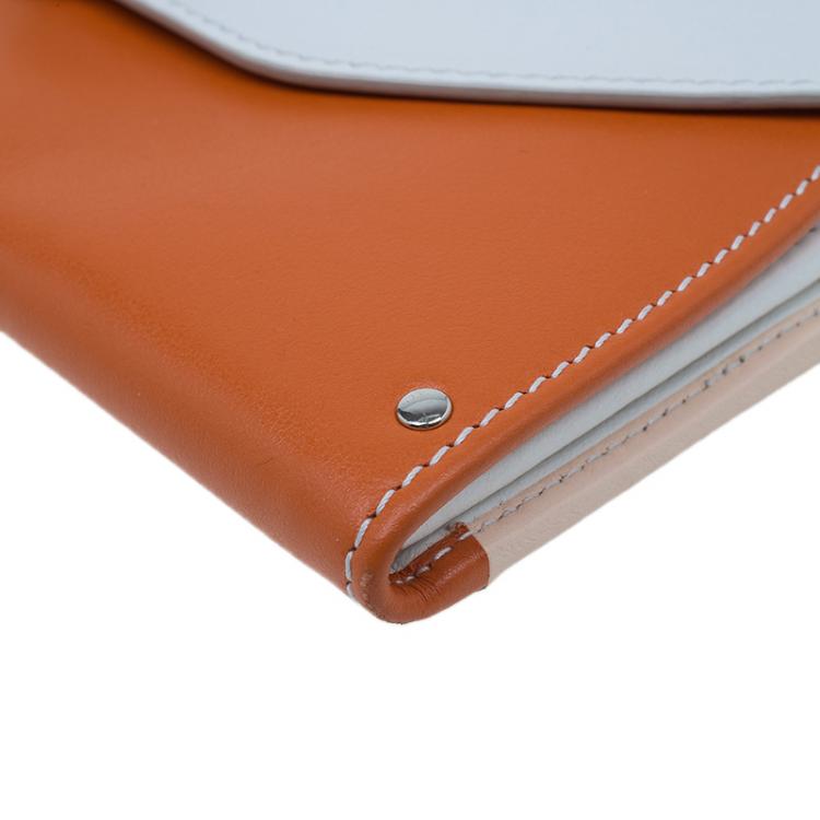 Pre Owned Salvatore Ferragamo Orange and White Leather Gancio Bar Continental Wallet
