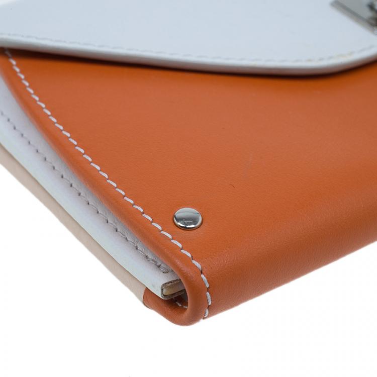 Pre Owned Salvatore Ferragamo Orange and White Leather Gancio Bar Continental Wallet