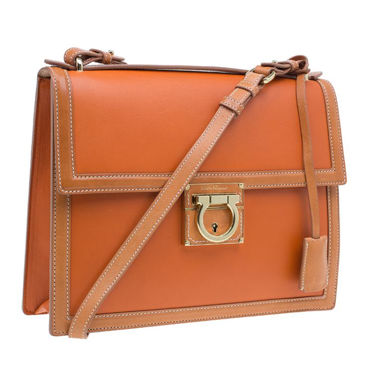 Pre Owned Salvatore Ferragamo Orange Bi Color Leather Marisol Shoulder Bag