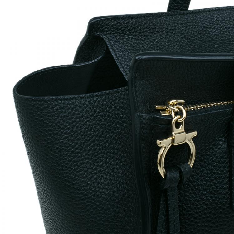 Pre Owned Salvatore Ferragamo Black Pebbled Leather Medium Amy Tote Bag