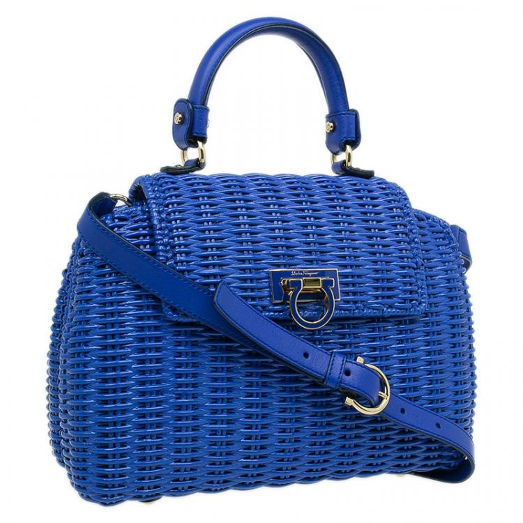 Pre Owned Salvatore Ferragamo Blue Basket Woven Raffia Medium Sofia Top Handle Bag