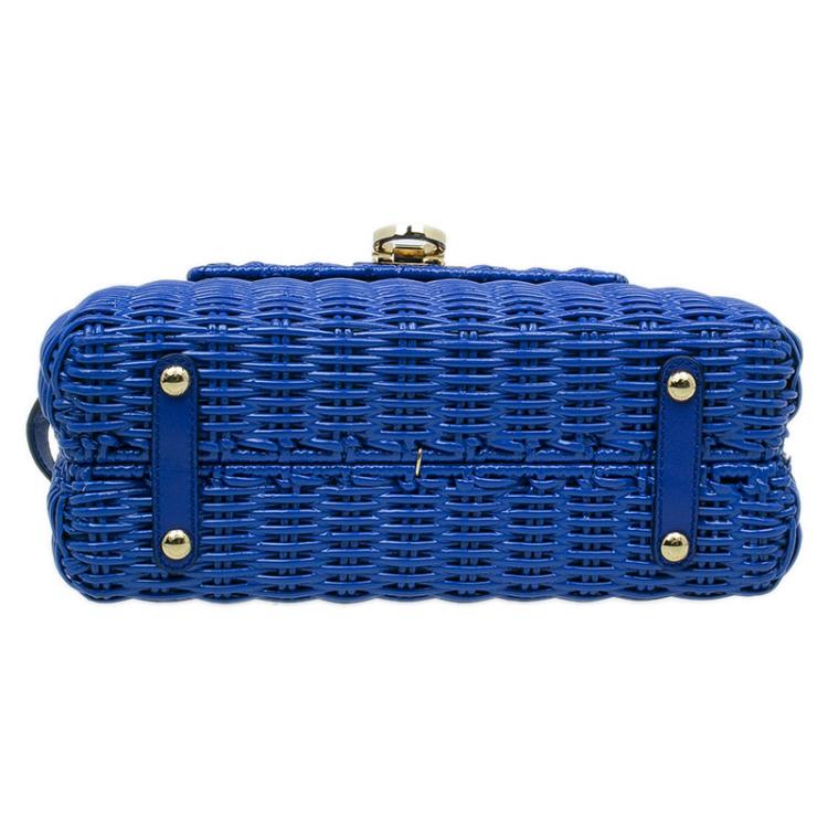 Pre Owned Salvatore Ferragamo Blue Basket Woven Raffia Medium Sofia Top Handle Bag