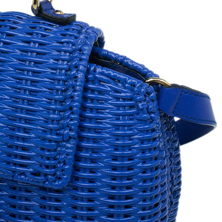Pre Owned Salvatore Ferragamo Blue Basket Woven Raffia Medium Sofia Top Handle Bag