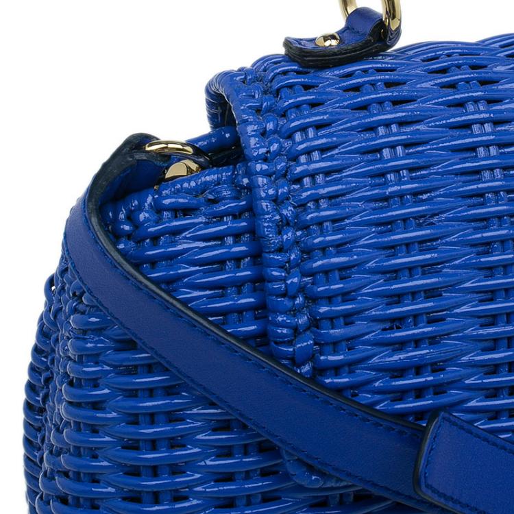 Pre Owned Salvatore Ferragamo Blue Basket Woven Raffia Medium Sofia Top Handle Bag