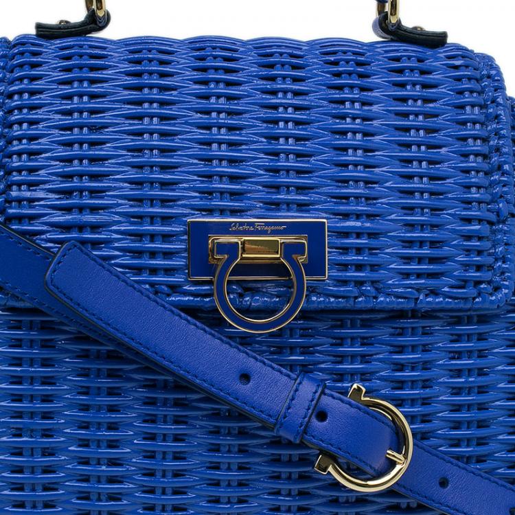 Pre Owned Salvatore Ferragamo Blue Basket Woven Raffia Medium Sofia Top Handle Bag