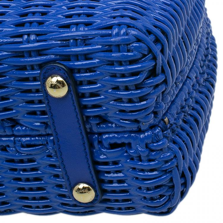 Pre Owned Salvatore Ferragamo Blue Basket Woven Raffia Medium Sofia Top Handle Bag