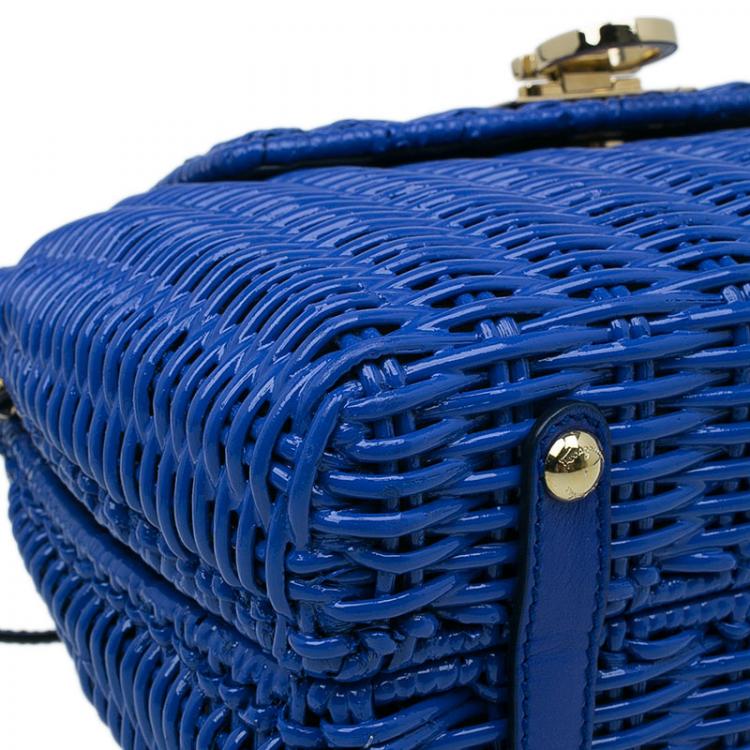 Pre Owned Salvatore Ferragamo Blue Basket Woven Raffia Medium Sofia Top Handle Bag