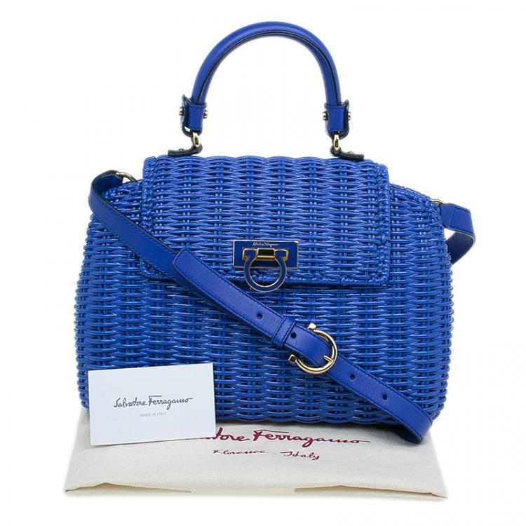 Pre Owned Salvatore Ferragamo Blue Basket Woven Raffia Medium Sofia Top Handle Bag