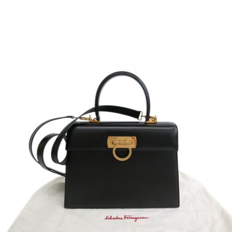 Pre Owned Salvatore Ferragamo Black Embossed Calfskin Leather Kelly Top Handle Shoulder Bag