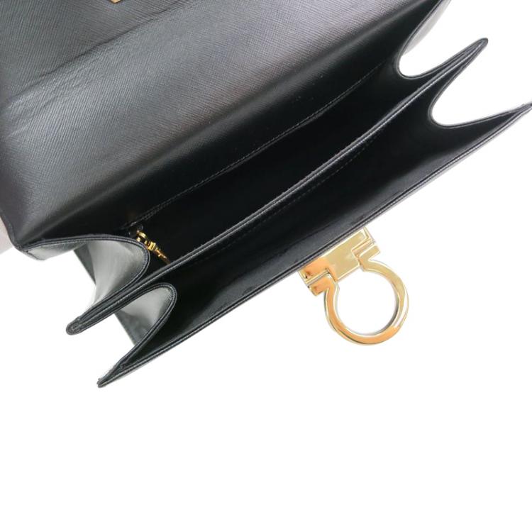 Pre Owned Salvatore Ferragamo Black Embossed Calfskin Leather Kelly Top Handle Shoulder Bag
