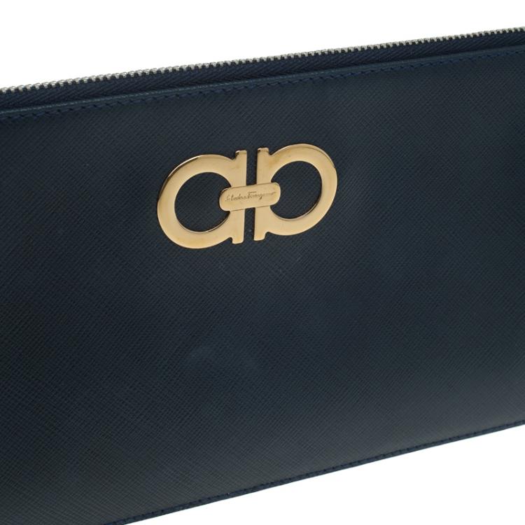 Pre Owned Salvatore Ferragamo Navy Blue Leather Gancio Wristlet Clutch