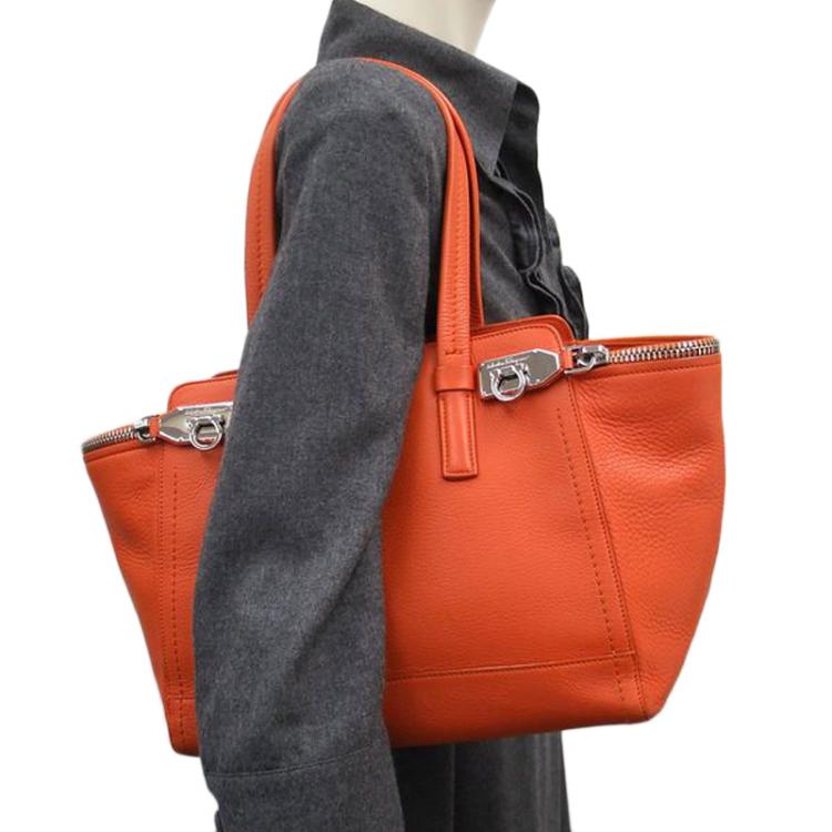 Pre Owned Salvatore Ferragamo Orange Calf Leather Verve Tote