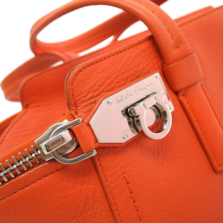Pre Owned Salvatore Ferragamo Orange Calf Leather Verve Tote