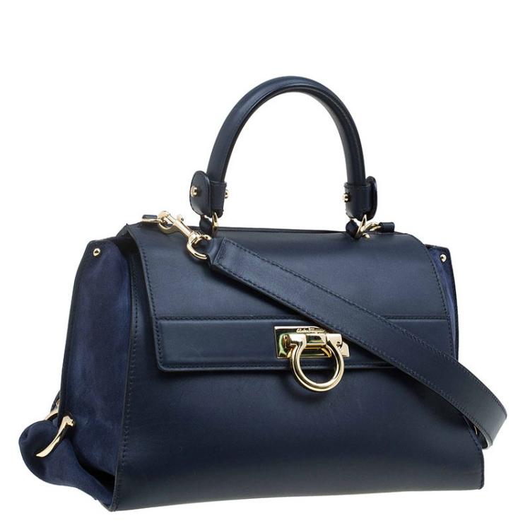 Pre Owned Salvatore Ferragamo Navy Blue Leather and Suede Medium Sofia Top Handle Bag