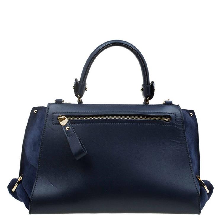 Pre Owned Salvatore Ferragamo Navy Blue Leather and Suede Medium Sofia Top Handle Bag