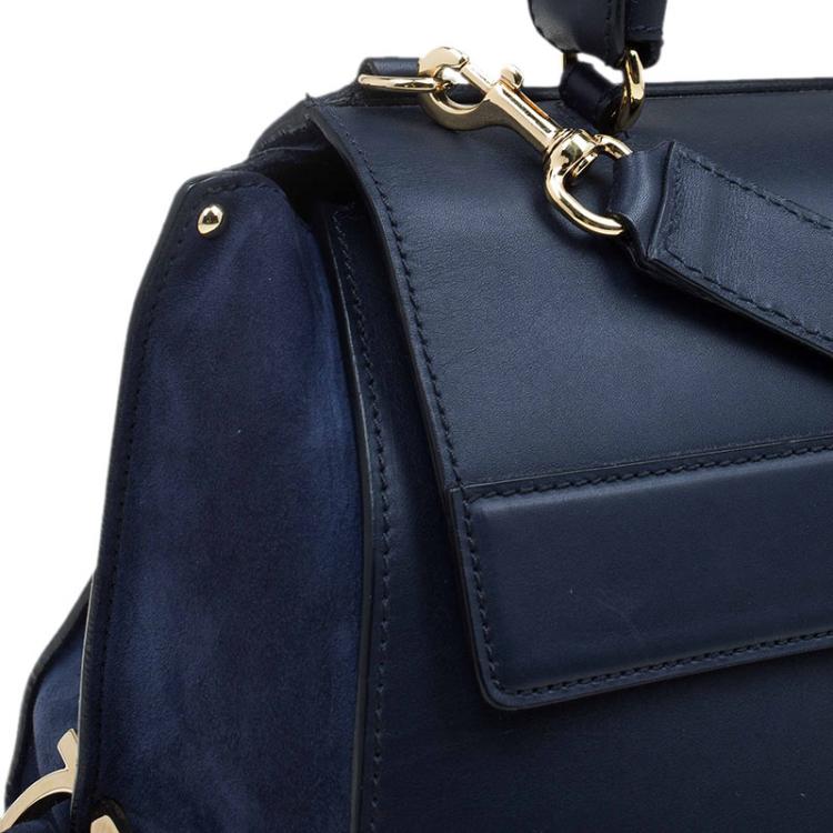 Pre Owned Salvatore Ferragamo Navy Blue Leather and Suede Medium Sofia Top Handle Bag